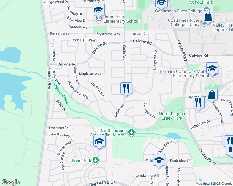 map of restaurants, bars, coffee shops, grocery stores, and more near 5901 Sternsburg Way in Sacramento