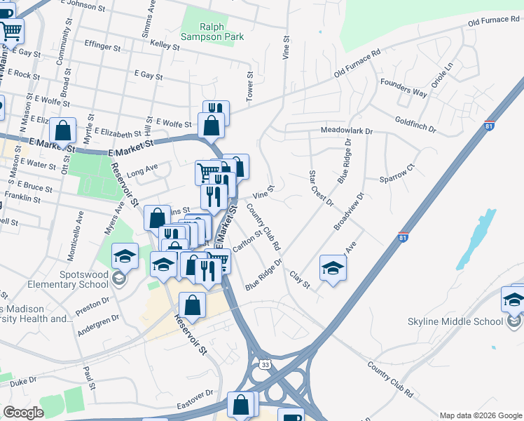 map of restaurants, bars, coffee shops, grocery stores, and more near 812 Country Club Road in Harrisonburg