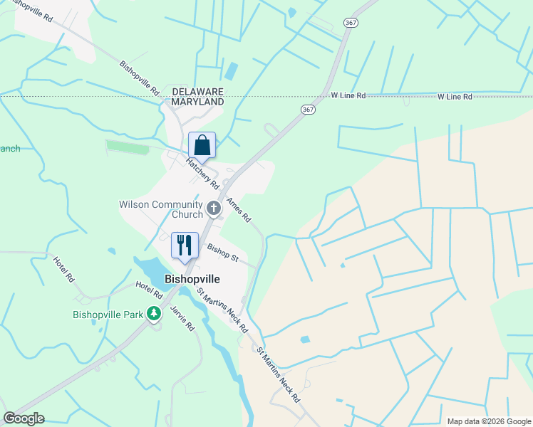map of restaurants, bars, coffee shops, grocery stores, and more near 13214 Ames Road in Bishopville