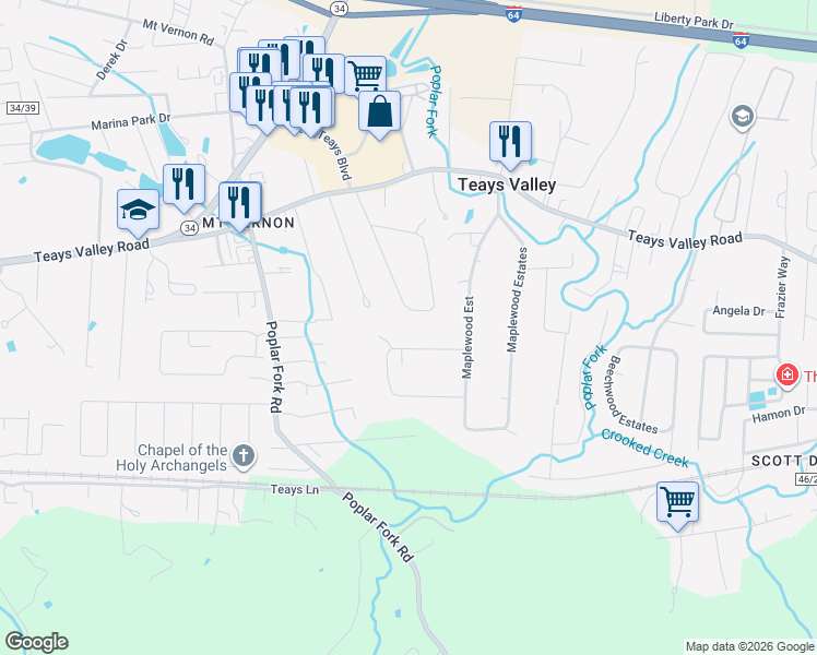 map of restaurants, bars, coffee shops, grocery stores, and more near 285 Hillsdale Circle in Teays Valley