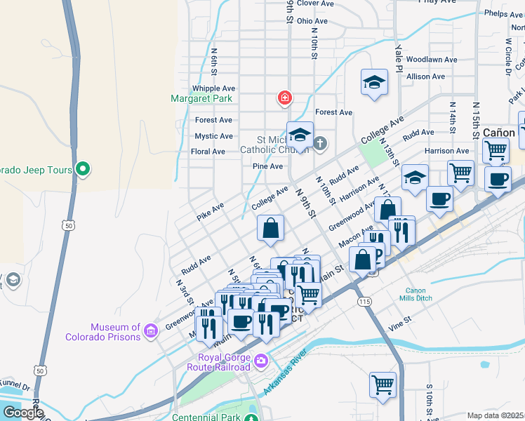 map of restaurants, bars, coffee shops, grocery stores, and more near 710 Rudd Ave in Cañon City