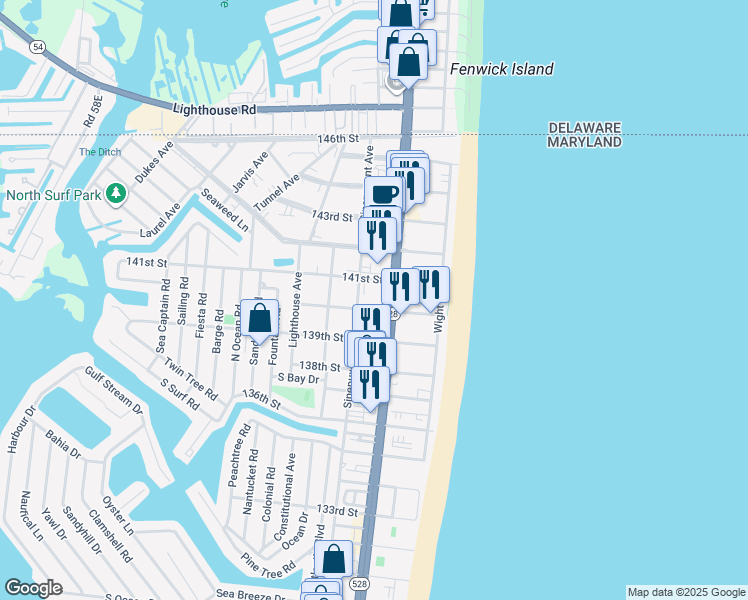 map of restaurants, bars, coffee shops, grocery stores, and more near 13903 Coastal Highway in Ocean City