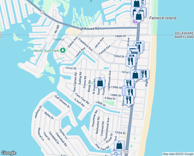 map of restaurants, bars, coffee shops, grocery stores, and more near 13902 Sand Dune Road in Ocean City
