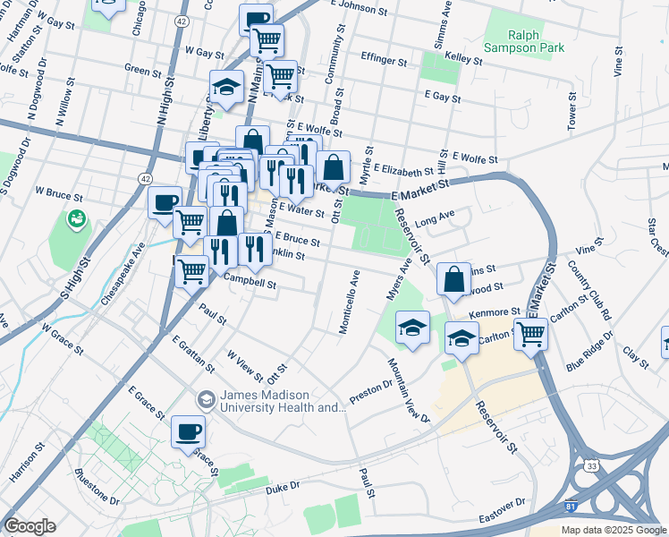 map of restaurants, bars, coffee shops, grocery stores, and more near 321 Franklin Street in Harrisonburg