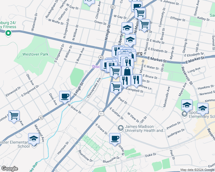 map of restaurants, bars, coffee shops, grocery stores, and more near 298 South Liberty Street in Harrisonburg