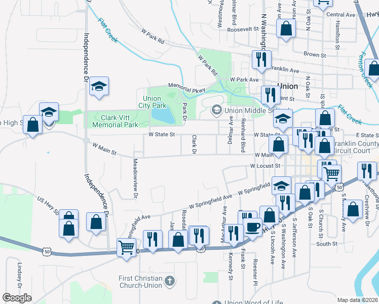 map of restaurants, bars, coffee shops, grocery stores, and more near 700 West Main Street in Union