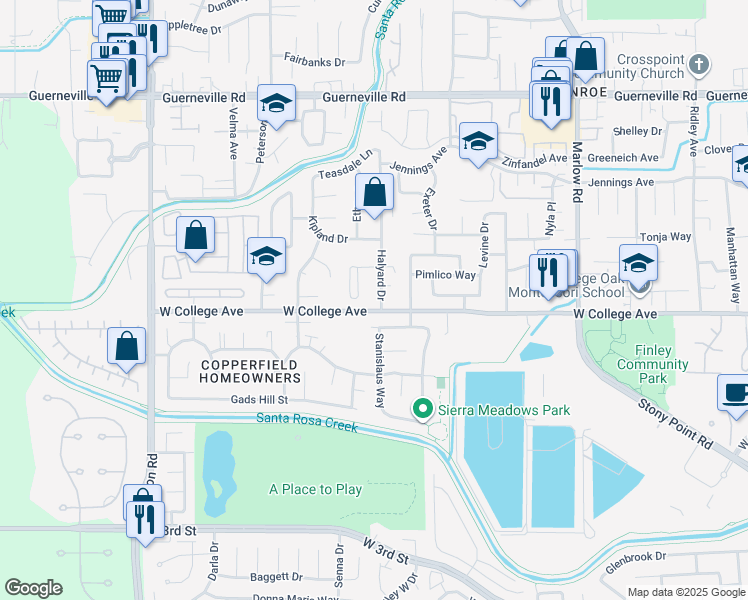 map of restaurants, bars, coffee shops, grocery stores, and more near 2299 Truckee Drive in Santa Rosa