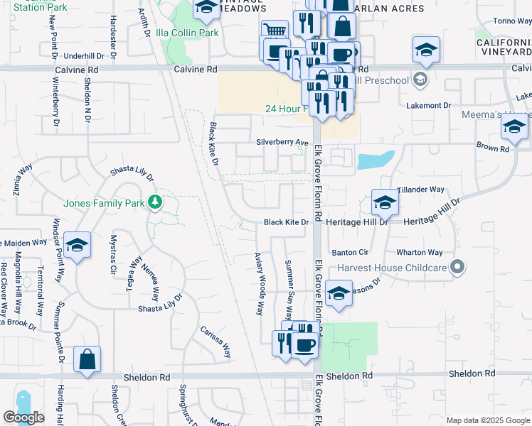 map of restaurants, bars, coffee shops, grocery stores, and more near 8820 Apricot Woods Way in Elk Grove