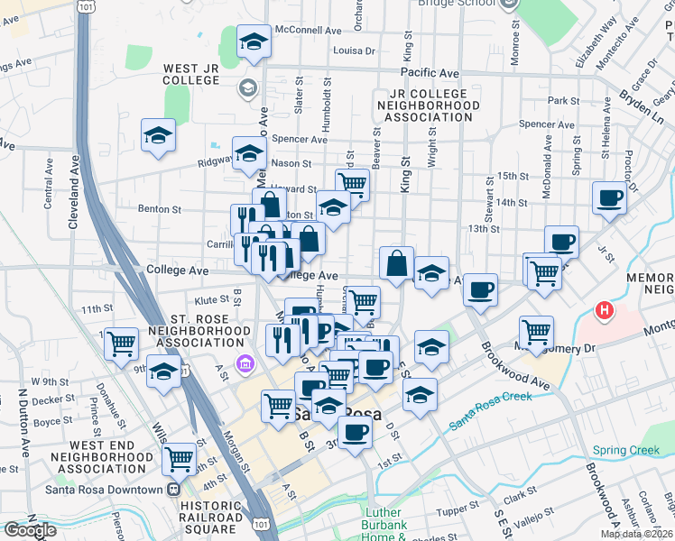 map of restaurants, bars, coffee shops, grocery stores, and more near 738 Orchard Street in Santa Rosa