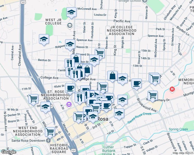 map of restaurants, bars, coffee shops, grocery stores, and more near 738 Orchard Street in Santa Rosa