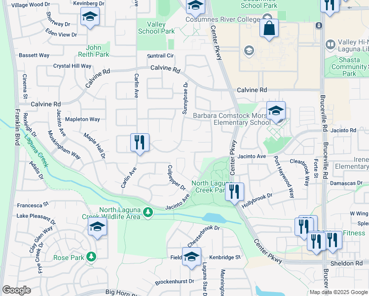 map of restaurants, bars, coffee shops, grocery stores, and more near 5 Windbrook Court in Sacramento
