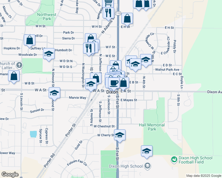 map of restaurants, bars, coffee shops, grocery stores, and more near 155 North Jackson Street in Dixon