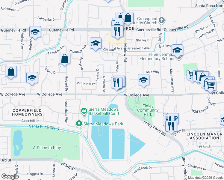 map of restaurants, bars, coffee shops, grocery stores, and more near 1116 Navarro Street in Santa Rosa