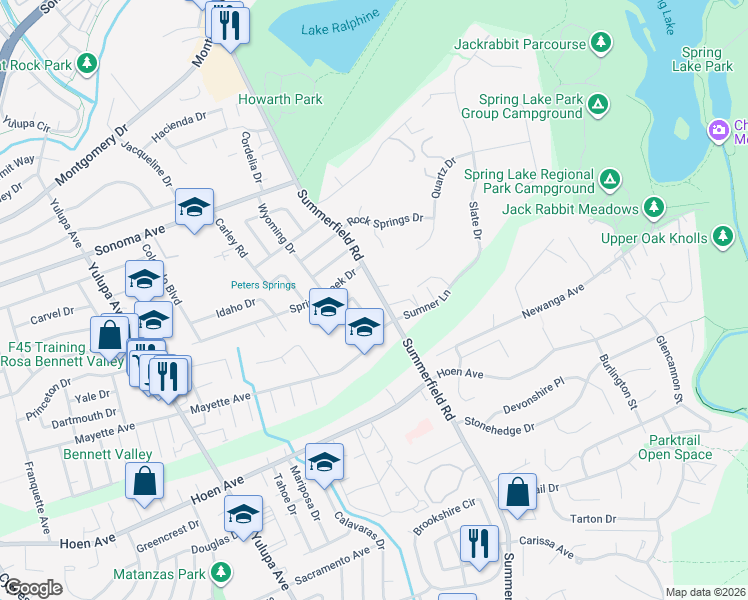 map of restaurants, bars, coffee shops, grocery stores, and more near 1033 Summerfield Road in Santa Rosa