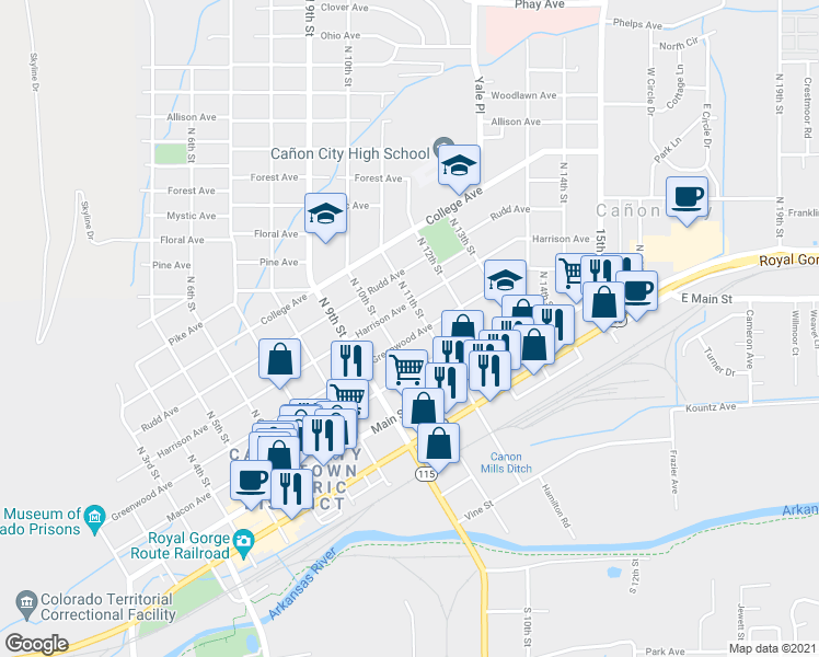 map of restaurants, bars, coffee shops, grocery stores, and more near 1019 Harrison Avenue in Cañon City