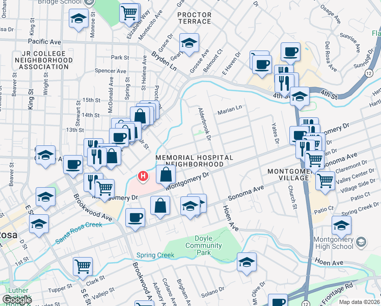map of restaurants, bars, coffee shops, grocery stores, and more near 163 California Avenue in Santa Rosa