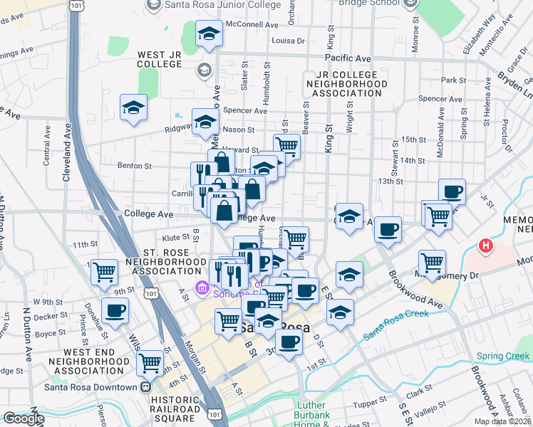 map of restaurants, bars, coffee shops, grocery stores, and more near 731 Humboldt Street in Santa Rosa