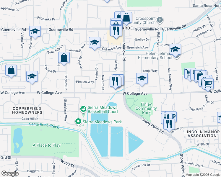map of restaurants, bars, coffee shops, grocery stores, and more near 1116 Navarro Street in Santa Rosa