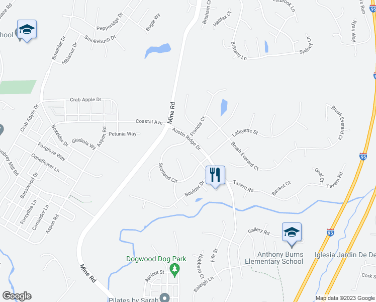 map of restaurants, bars, coffee shops, grocery stores, and more near 11 Country Court in Stafford