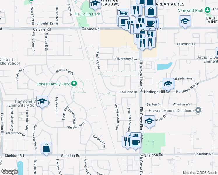 map of restaurants, bars, coffee shops, grocery stores, and more near 8601 Black Kite Drive in Elk Grove