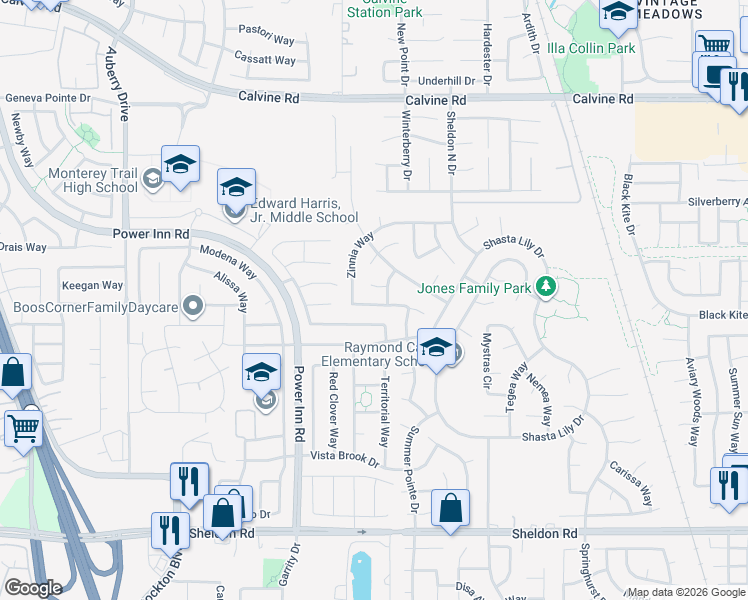 map of restaurants, bars, coffee shops, grocery stores, and more near 8529 Heartleaf Court in Elk Grove