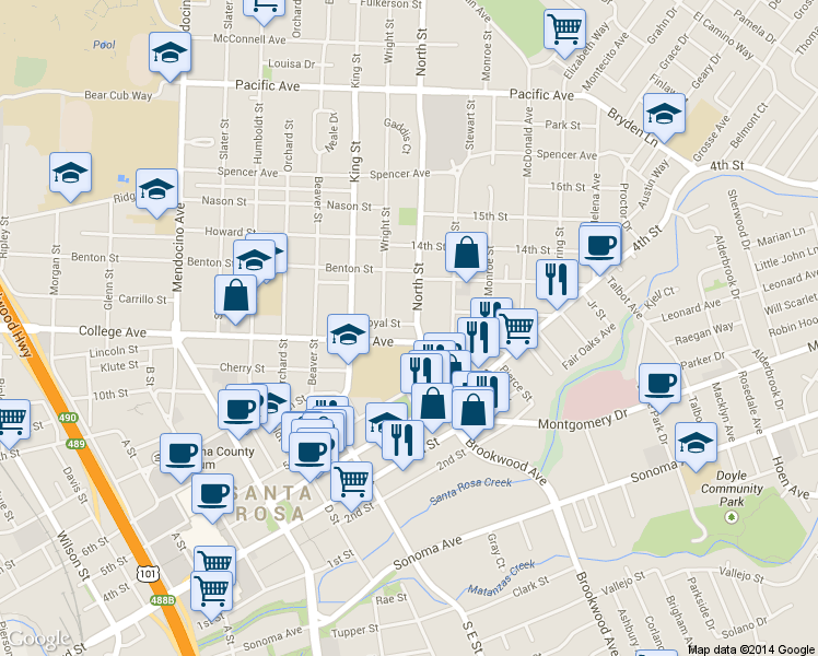 map of restaurants, bars, coffee shops, grocery stores, and more near 615 Santa Rosa Avenue in Santa Rosa