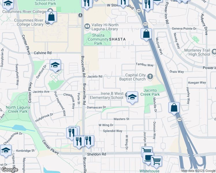map of restaurants, bars, coffee shops, grocery stores, and more near 8553 Charente Way in Elk Grove