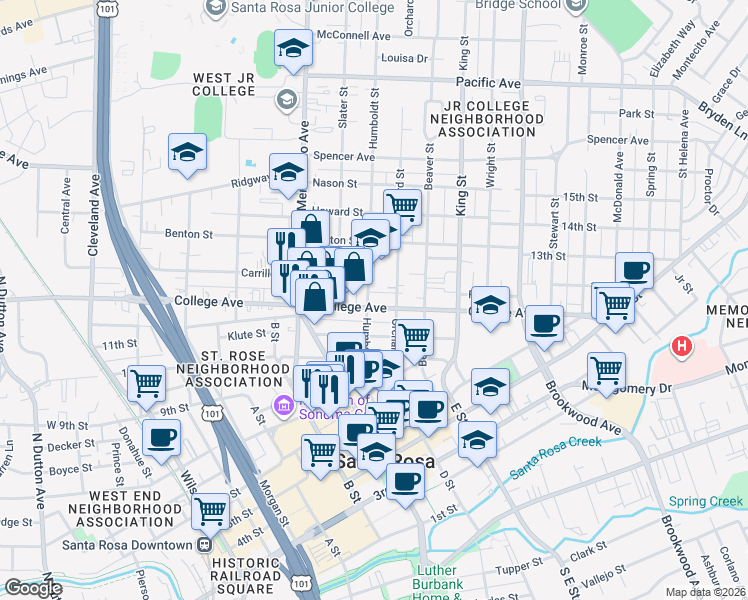 map of restaurants, bars, coffee shops, grocery stores, and more near 731 Humboldt Street in Santa Rosa