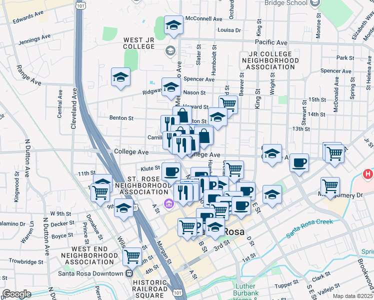map of restaurants, bars, coffee shops, grocery stores, and more near 731 Slater Street in Santa Rosa