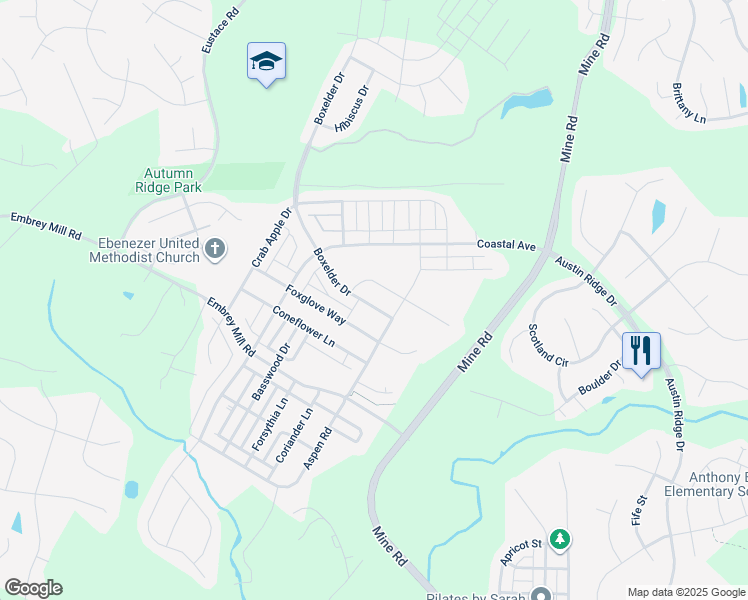 map of restaurants, bars, coffee shops, grocery stores, and more near 421 Boxelder Drive in Stafford