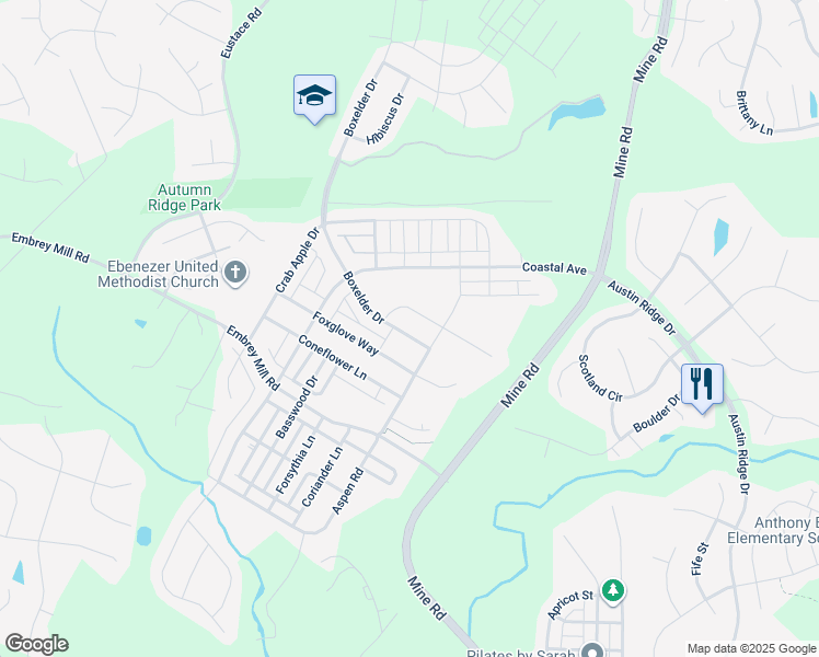 map of restaurants, bars, coffee shops, grocery stores, and more near 421 Boxelder Drive in Stafford