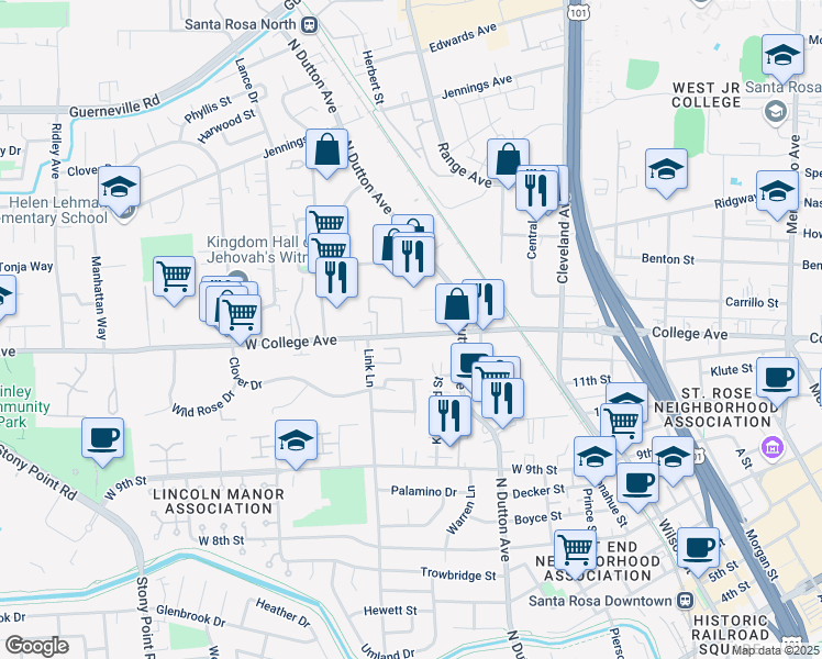 map of restaurants, bars, coffee shops, grocery stores, and more near 405 West College Avenue in Santa Rosa