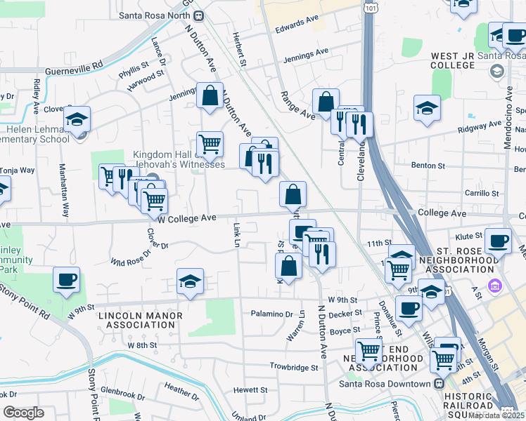 map of restaurants, bars, coffee shops, grocery stores, and more near 471 West College Avenue in Santa Rosa