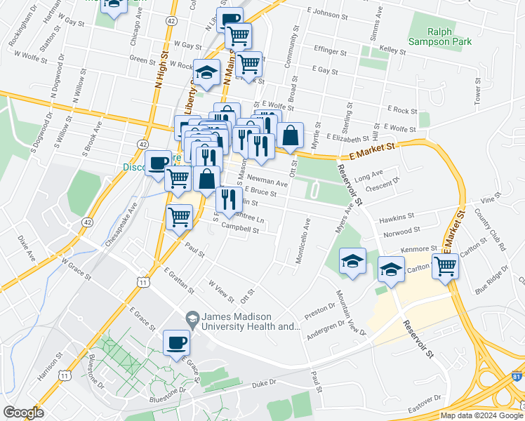 map of restaurants, bars, coffee shops, grocery stores, and more near 267 Franklin Street in Harrisonburg
