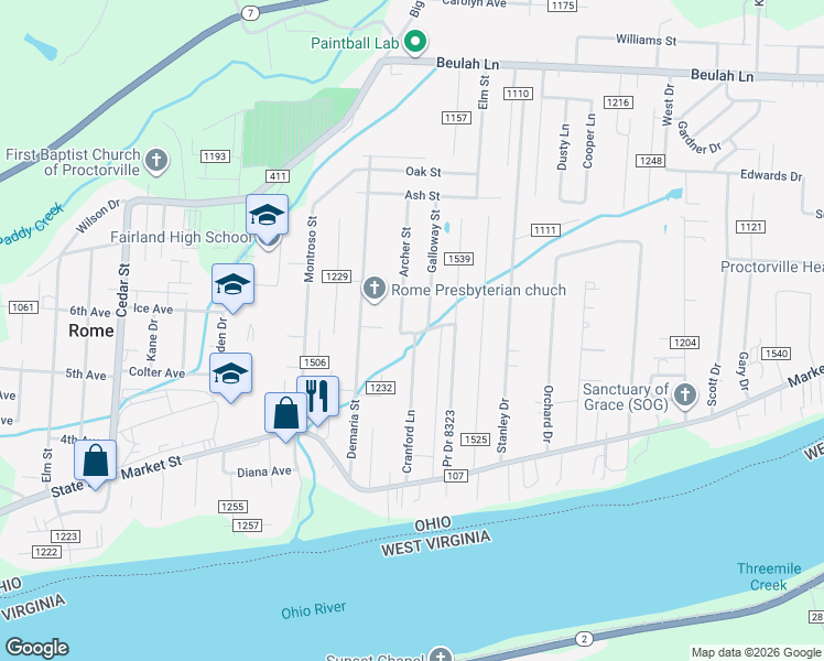 map of restaurants, bars, coffee shops, grocery stores, and more near 44 Township Road 1212 in Proctorville
