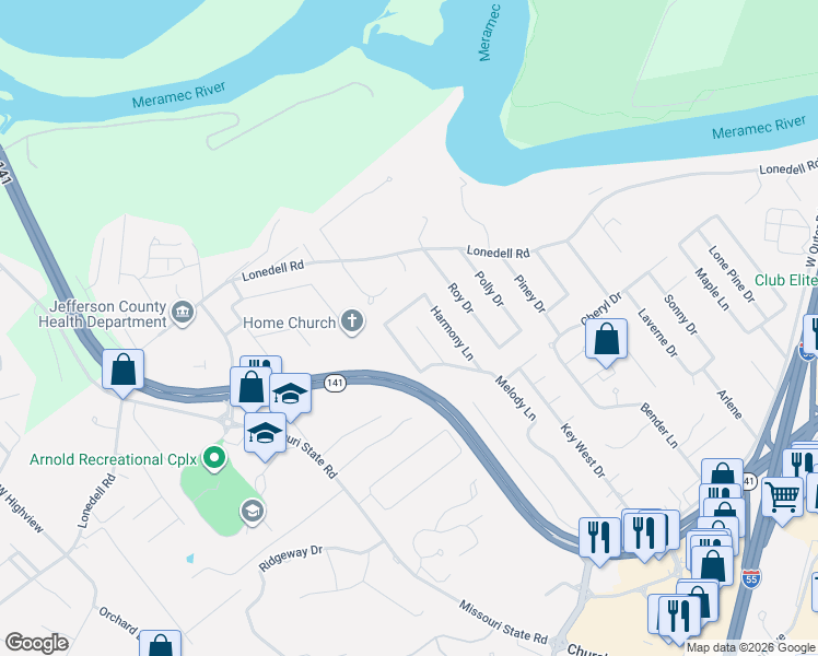 map of restaurants, bars, coffee shops, grocery stores, and more near 1674 Tempo Lane in Arnold