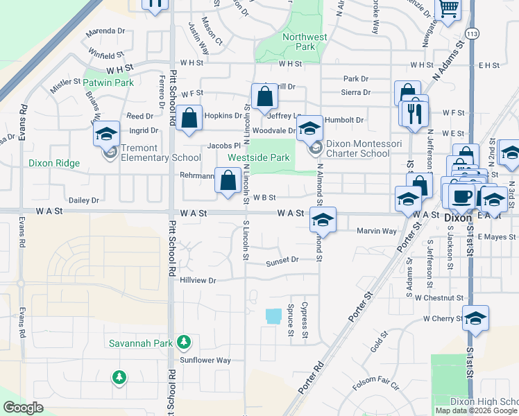 map of restaurants, bars, coffee shops, grocery stores, and more near 1060 West A Street in Dixon