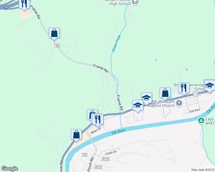 map of restaurants, bars, coffee shops, grocery stores, and more near 107 Frame Road in Elkview