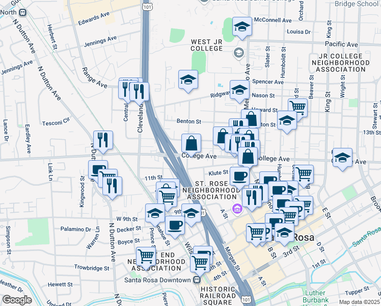 map of restaurants, bars, coffee shops, grocery stores, and more near 300 Carrillo Street in Santa Rosa