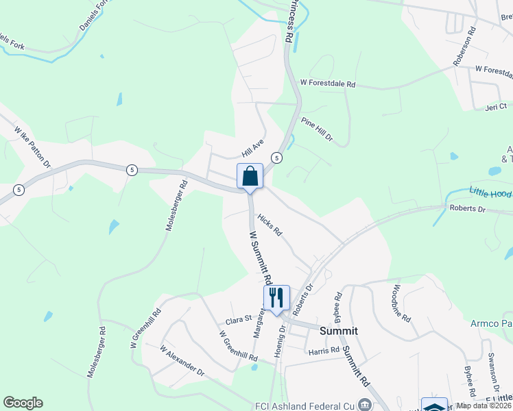 map of restaurants, bars, coffee shops, grocery stores, and more near 130-216 West Dog Ridge Road in Ashland