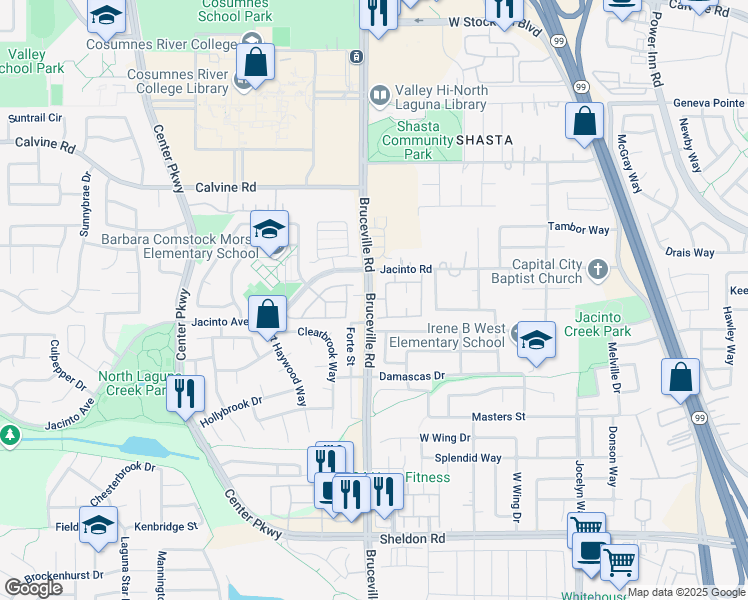 map of restaurants, bars, coffee shops, grocery stores, and more near 8501 Bruceville Rd in Sacramento