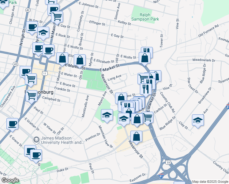 map of restaurants, bars, coffee shops, grocery stores, and more near 116 Reservoir St in Harrisonburg