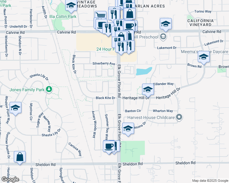 map of restaurants, bars, coffee shops, grocery stores, and more near 8887 Cherry Plum Court in Elk Grove