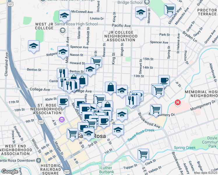 map of restaurants, bars, coffee shops, grocery stores, and more near 732 Beaver Street in Santa Rosa