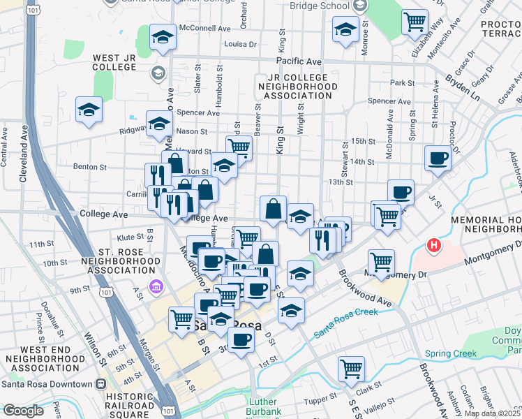 map of restaurants, bars, coffee shops, grocery stores, and more near 732 Beaver Street in Santa Rosa