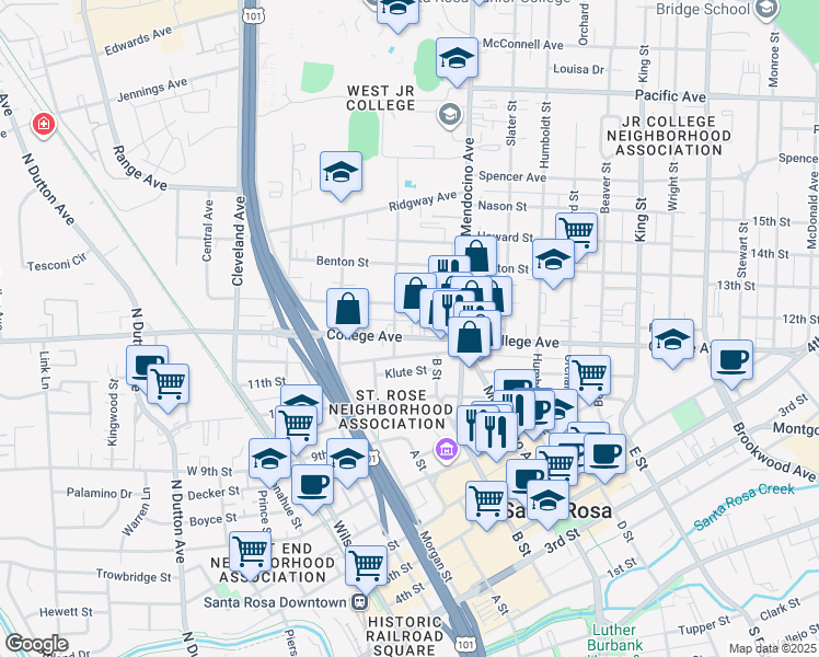 map of restaurants, bars, coffee shops, grocery stores, and more near 422 Carrillo Street in Santa Rosa