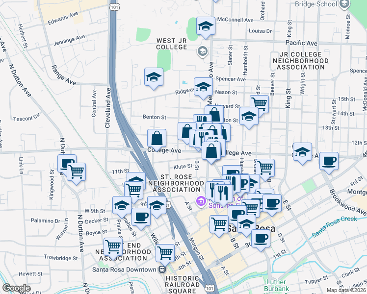 map of restaurants, bars, coffee shops, grocery stores, and more near 422 Carrillo Street in Santa Rosa