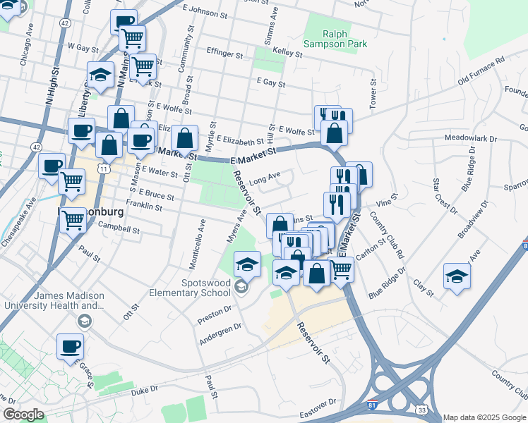 map of restaurants, bars, coffee shops, grocery stores, and more near 116 Reservoir St in Harrisonburg