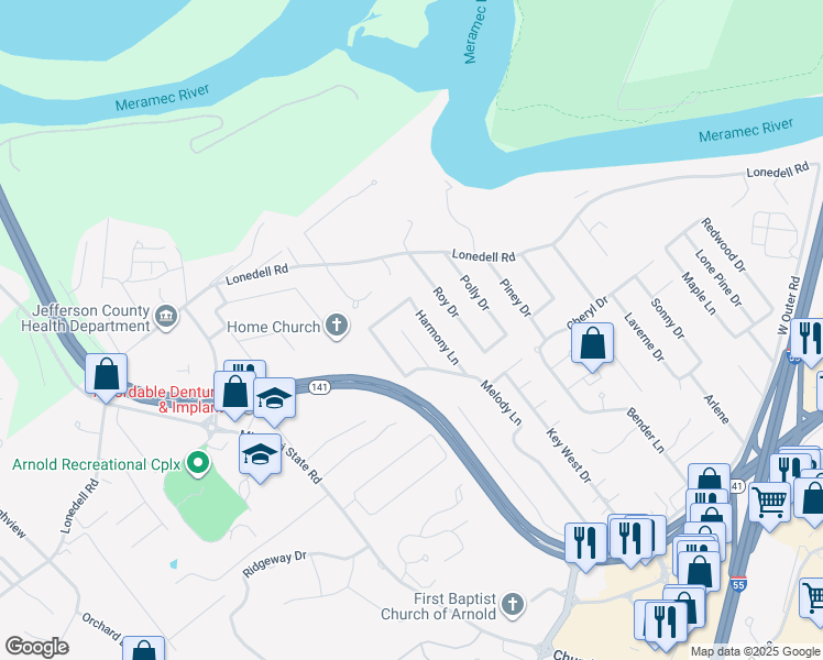 map of restaurants, bars, coffee shops, grocery stores, and more near 1718 Rhythm Lane in Arnold