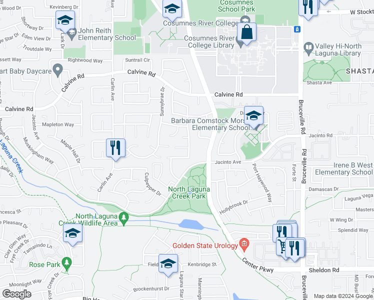 map of restaurants, bars, coffee shops, grocery stores, and more near 3 Windchime Court in Sacramento